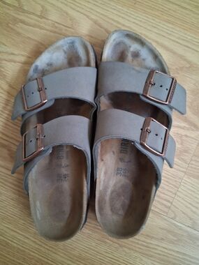 Birkenstock Taupe Double Buckle Suede Slides Size 38